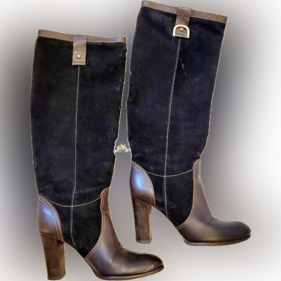 Rafe Shoes - Rafe New York Boots Women’s Size 7.5 Black Suede Brown Leather Knee High 4” Heel